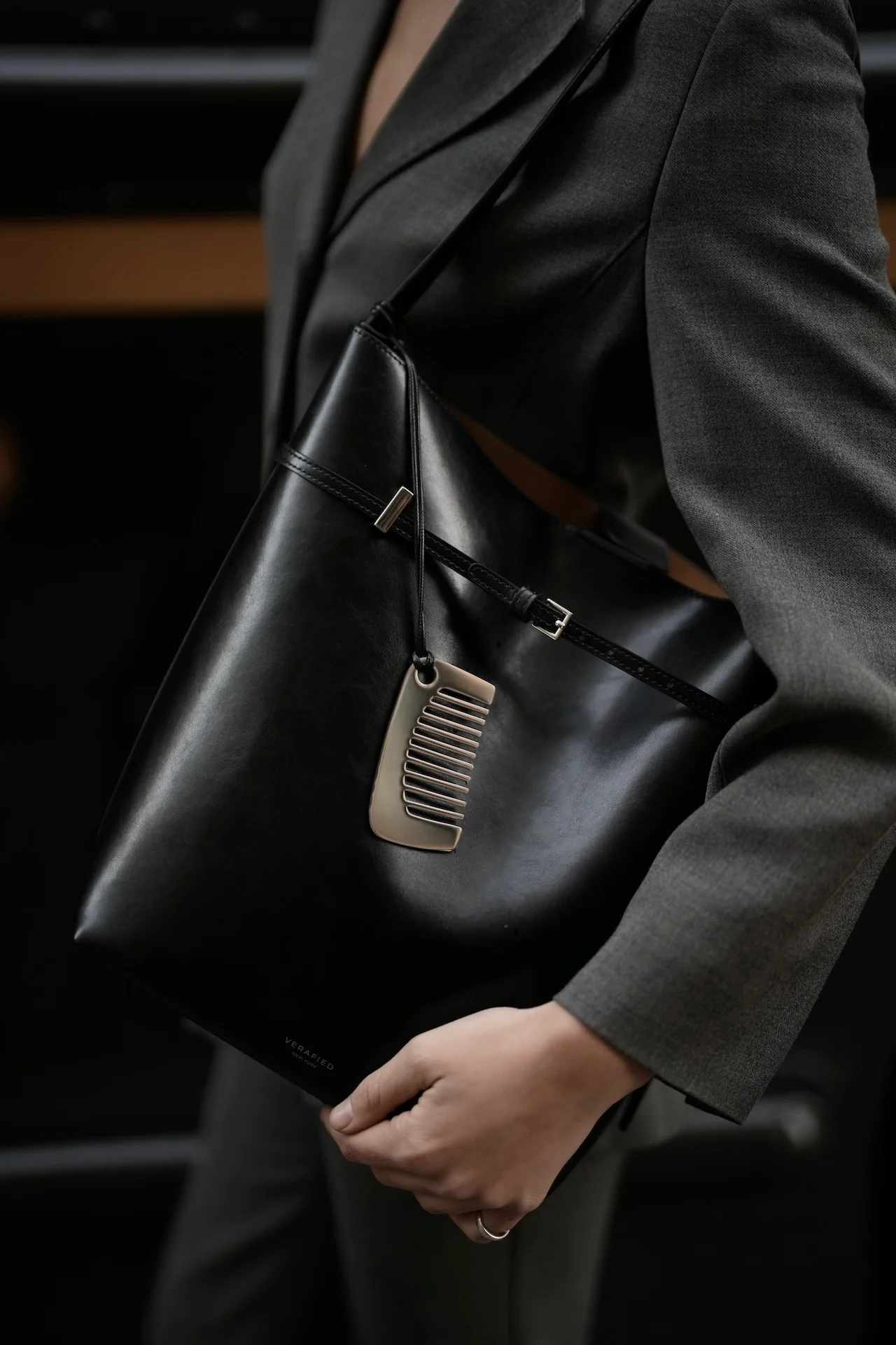 Black Belted Leather Tote Bag - Image 18