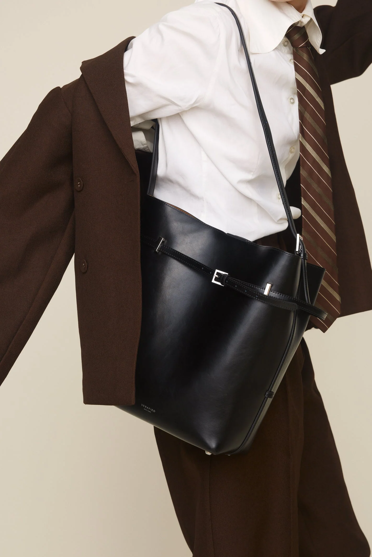 Black Belted Leather Tote Bag - Image 9
