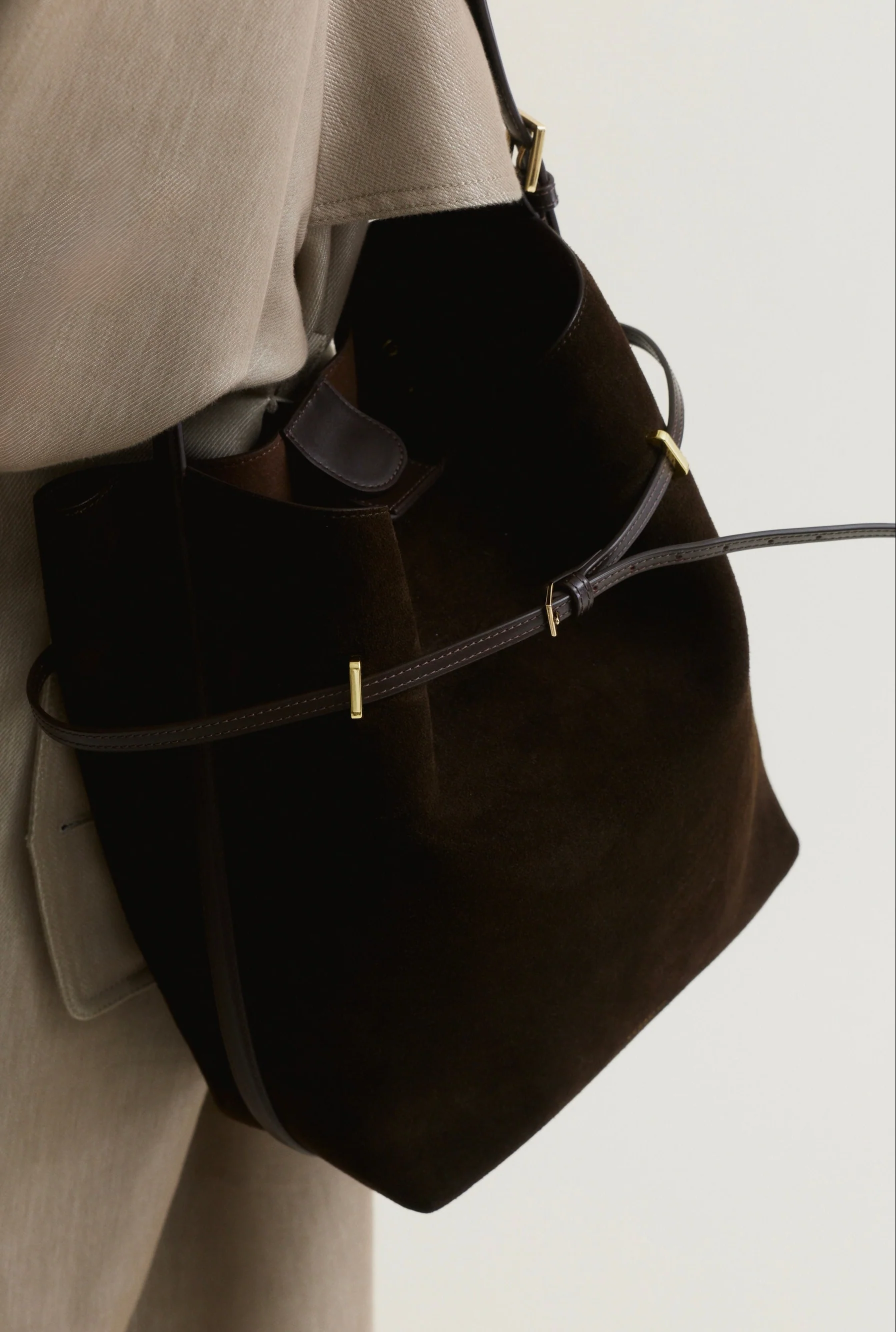 Espresso Suede Belted Tote Bag - Image 10