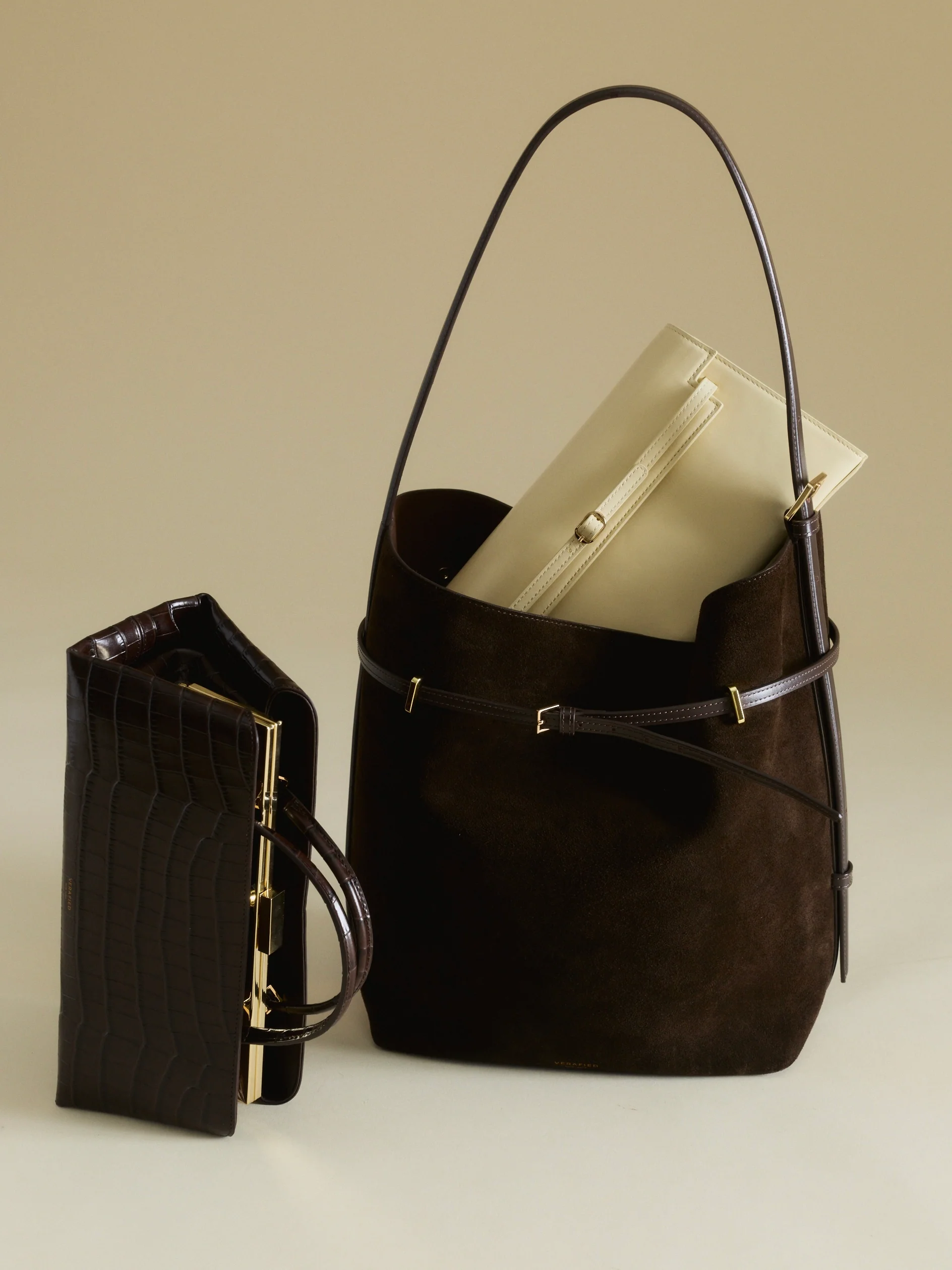 Espresso Suede Belted Tote Bag - Image 13