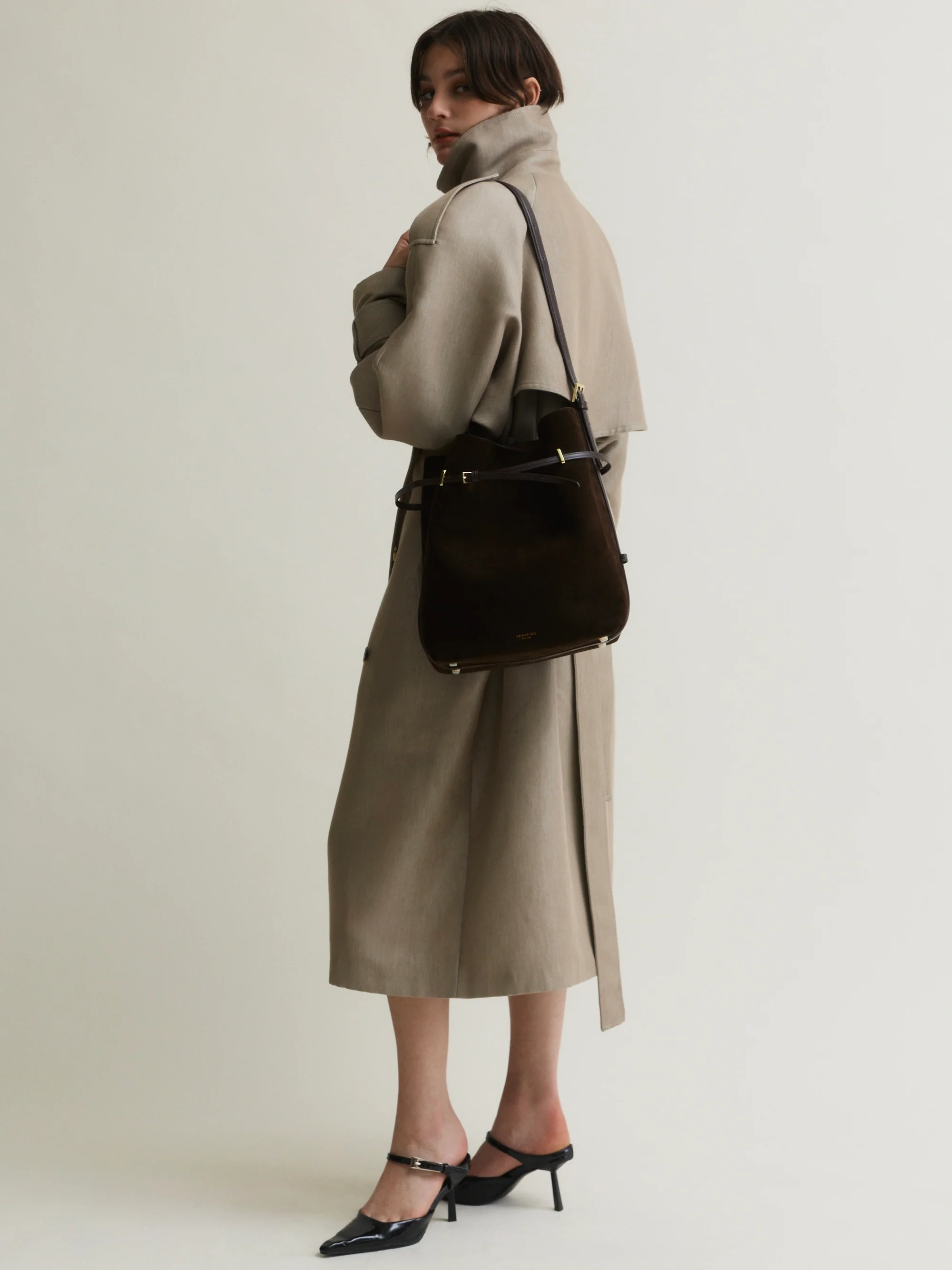 Espresso Suede Belted Tote Bag - Image 9
