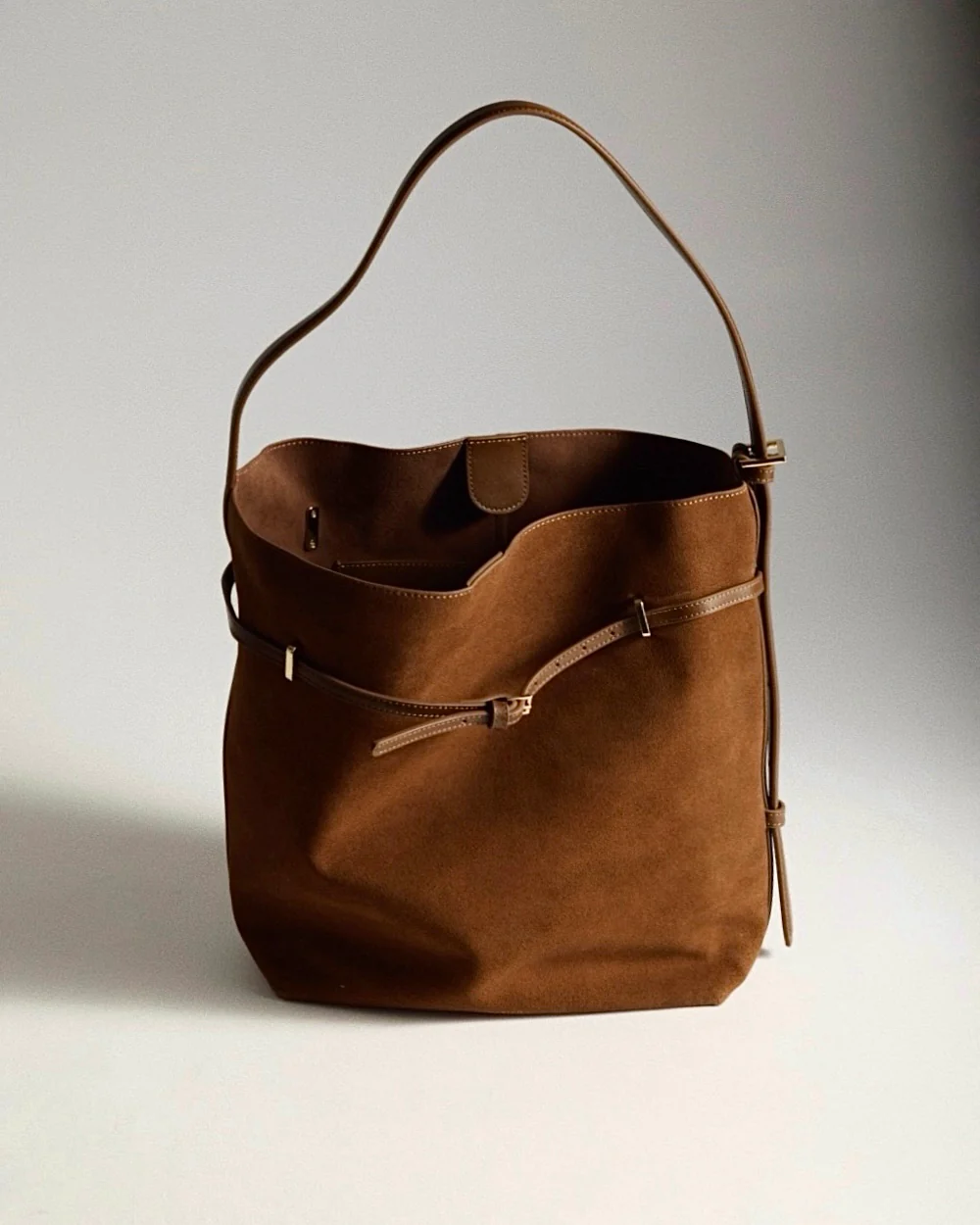 Toffee Suede Belted Tote Bag - Image 11