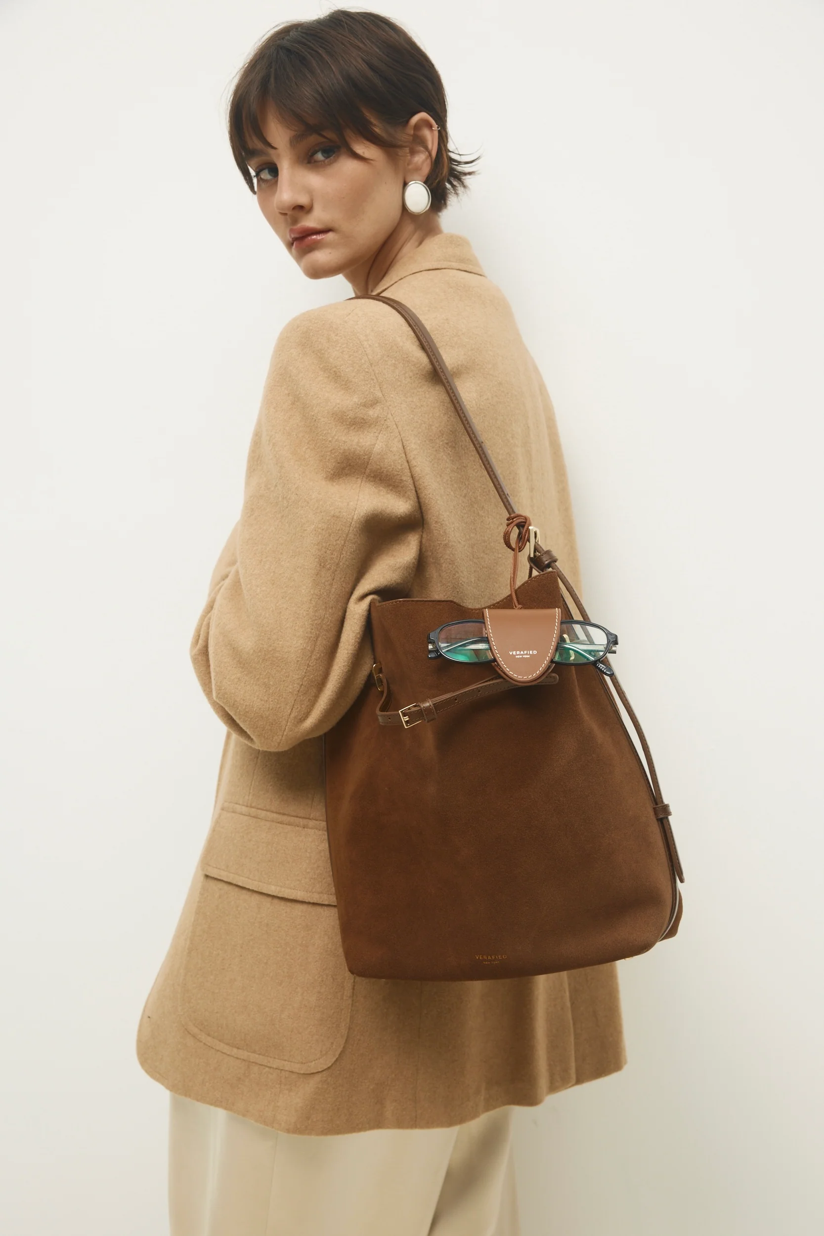 Toffee Suede Belted Tote Bag - Image 13
